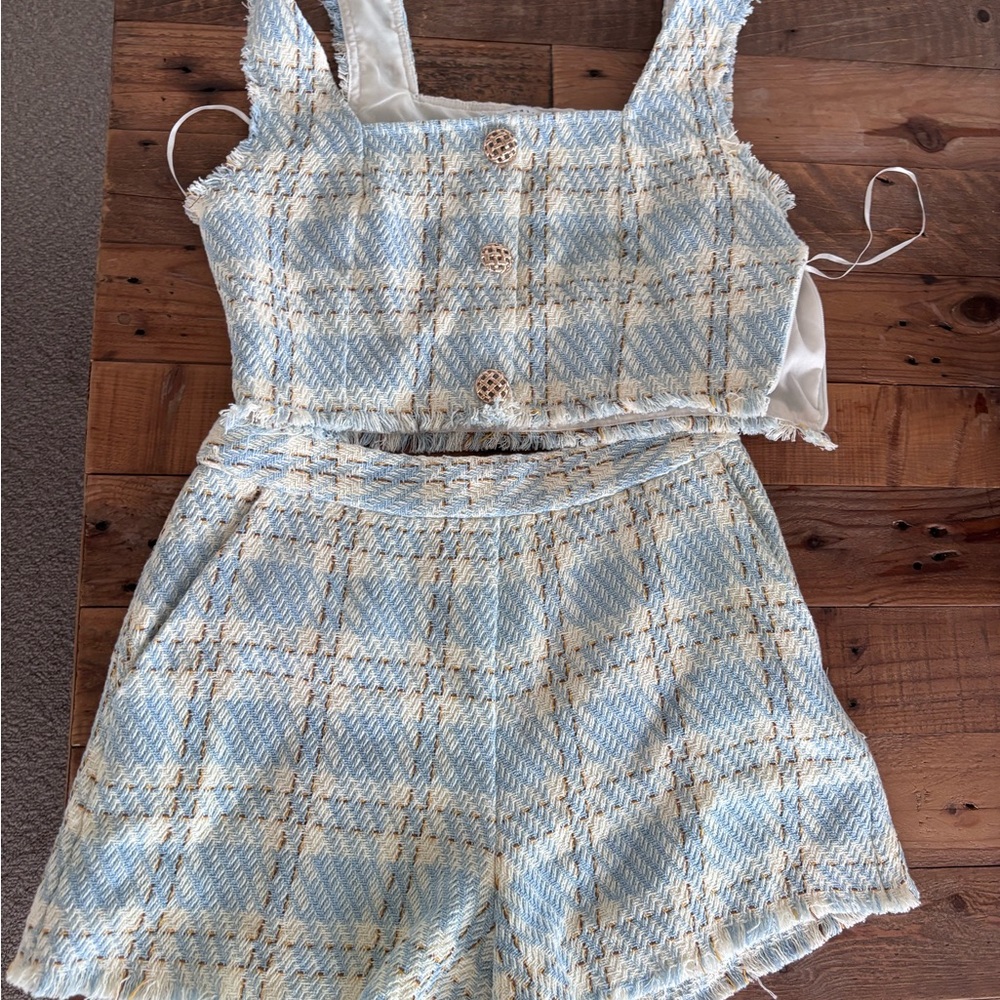 Endless Rose Light Blue and Cream Tweed Shorts Set